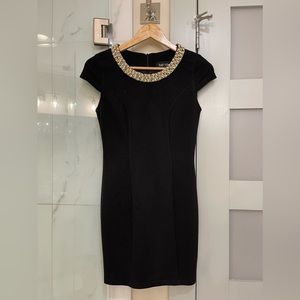 Black Mini Dress with Pearl and Gold Accent Neckline